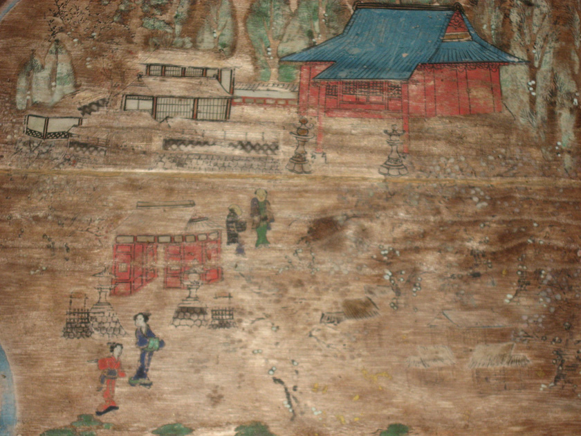 Figure 2: Le temple Risshaku et ses alentours. A l’approche du temple, on peut voir la silhouette de pélerins. « Expédition des Kakis Tateishi par bateau sur la rivière Tenryu » (fraction, les 4 points suivants aussi)